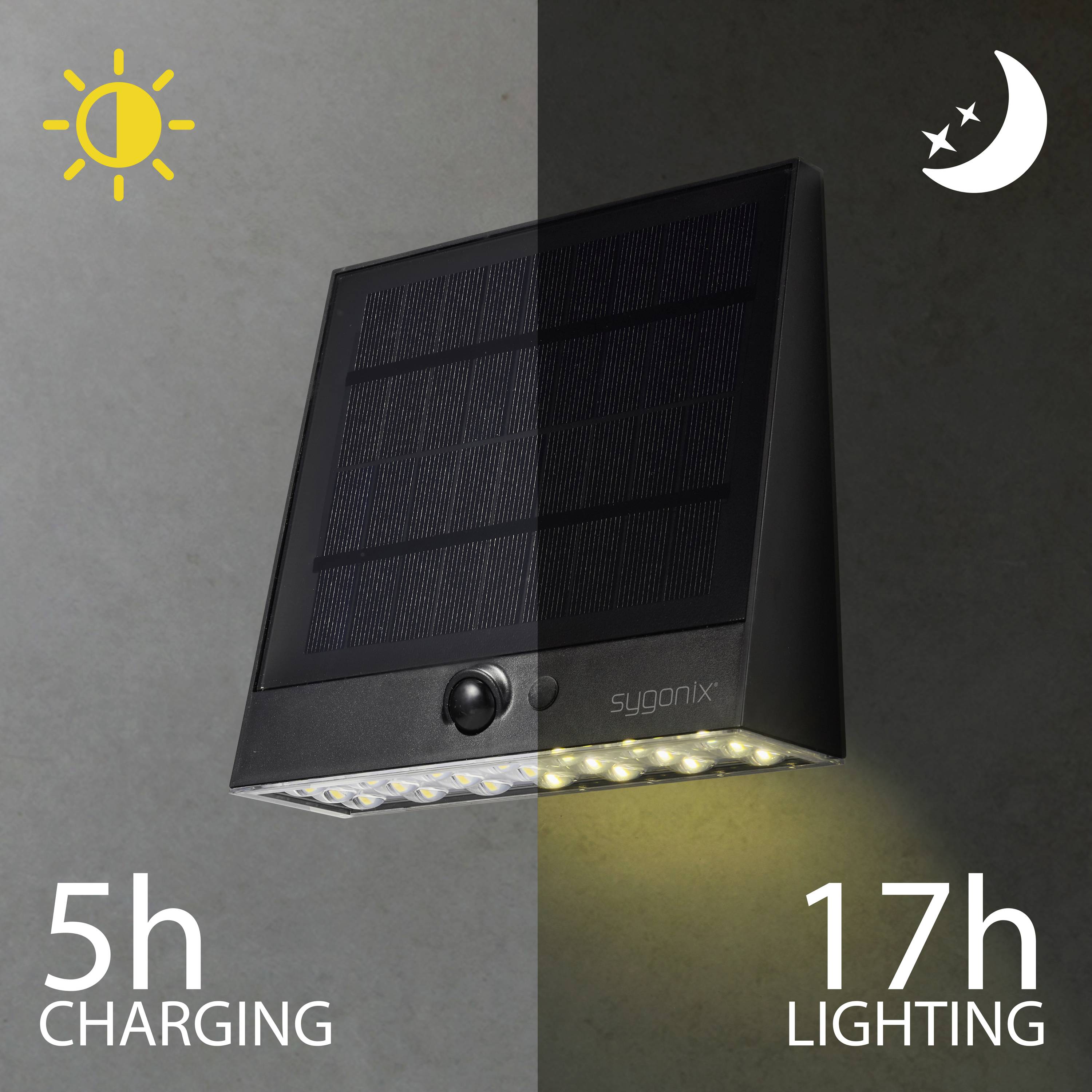 The image depicts a solar light that charges in 5 hours and illuminates for 17 hours, with symbols representing day and night.