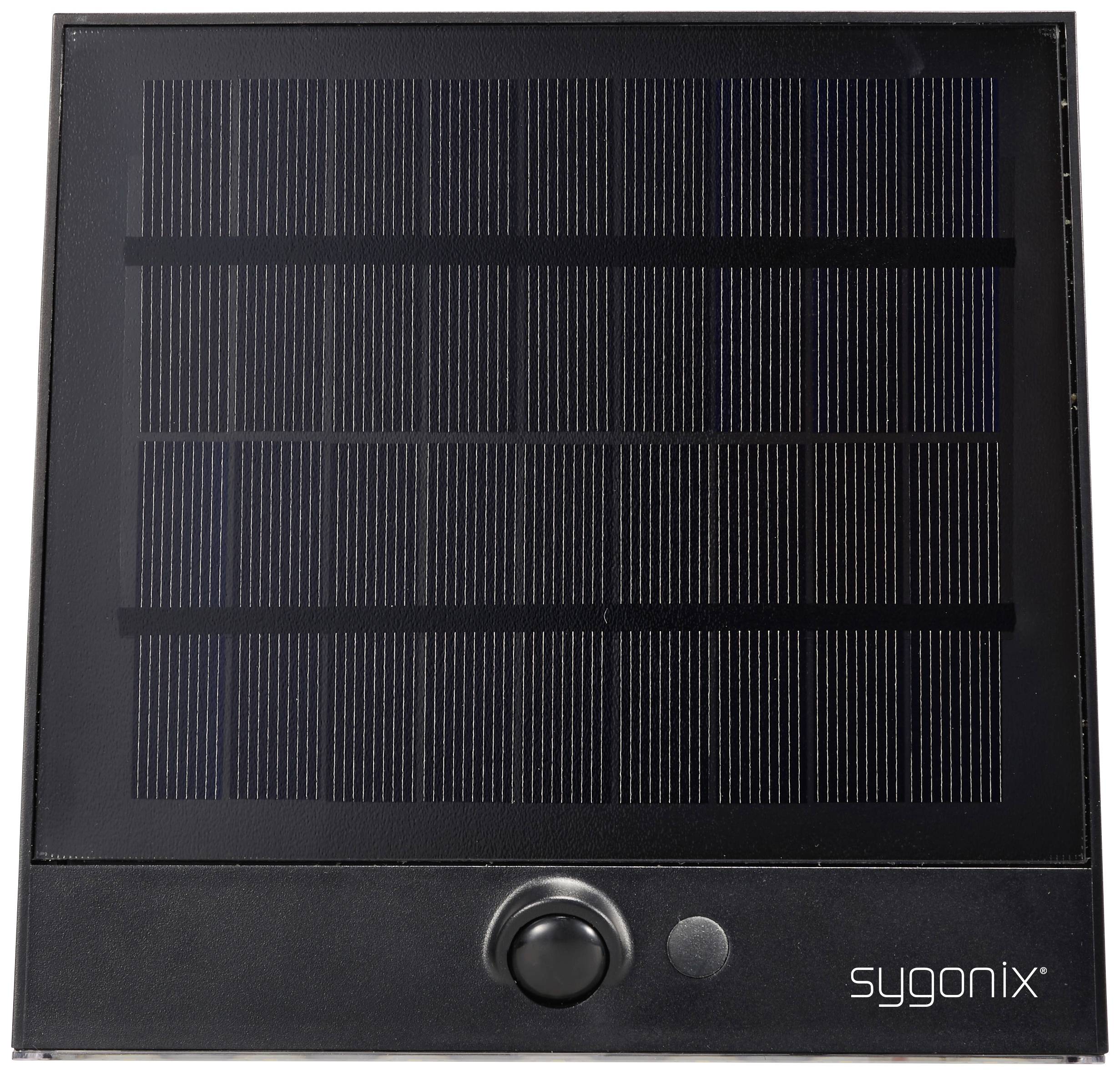 'Square solar panel with motion sensor underneath, Sygonix brand, against white background.'