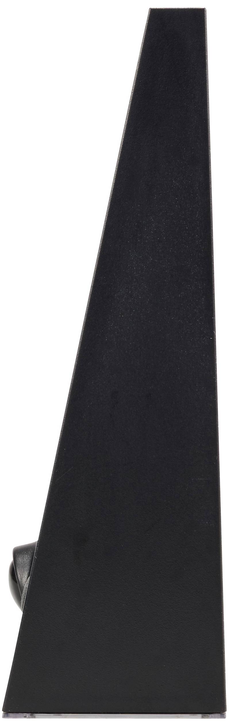 Black, triangular object with a smooth surface against a white background. It could be decorative or functional in nature.