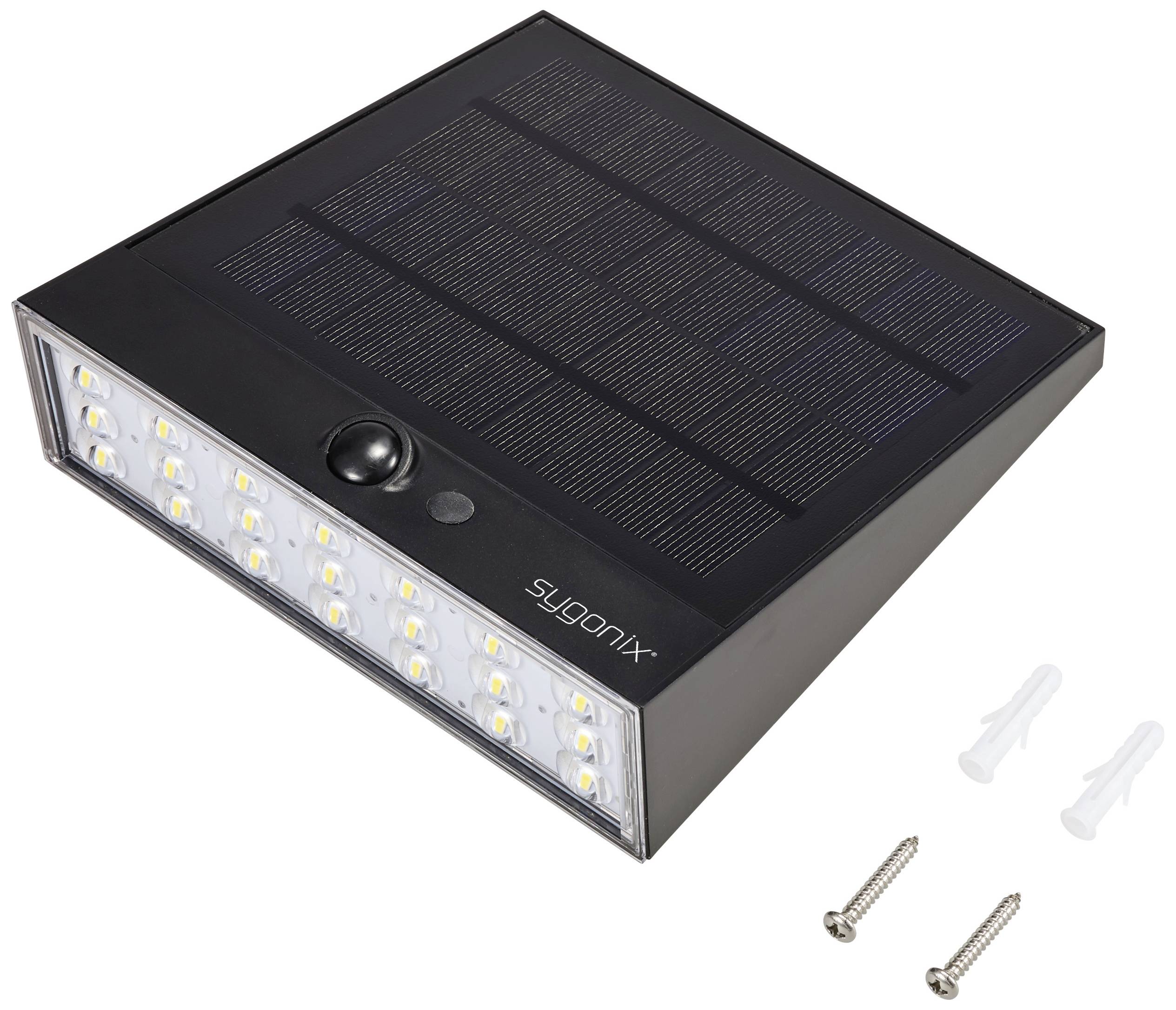 Solar-powered outdoor light with motion sensor and LED lamps. Includes mounting hardware.