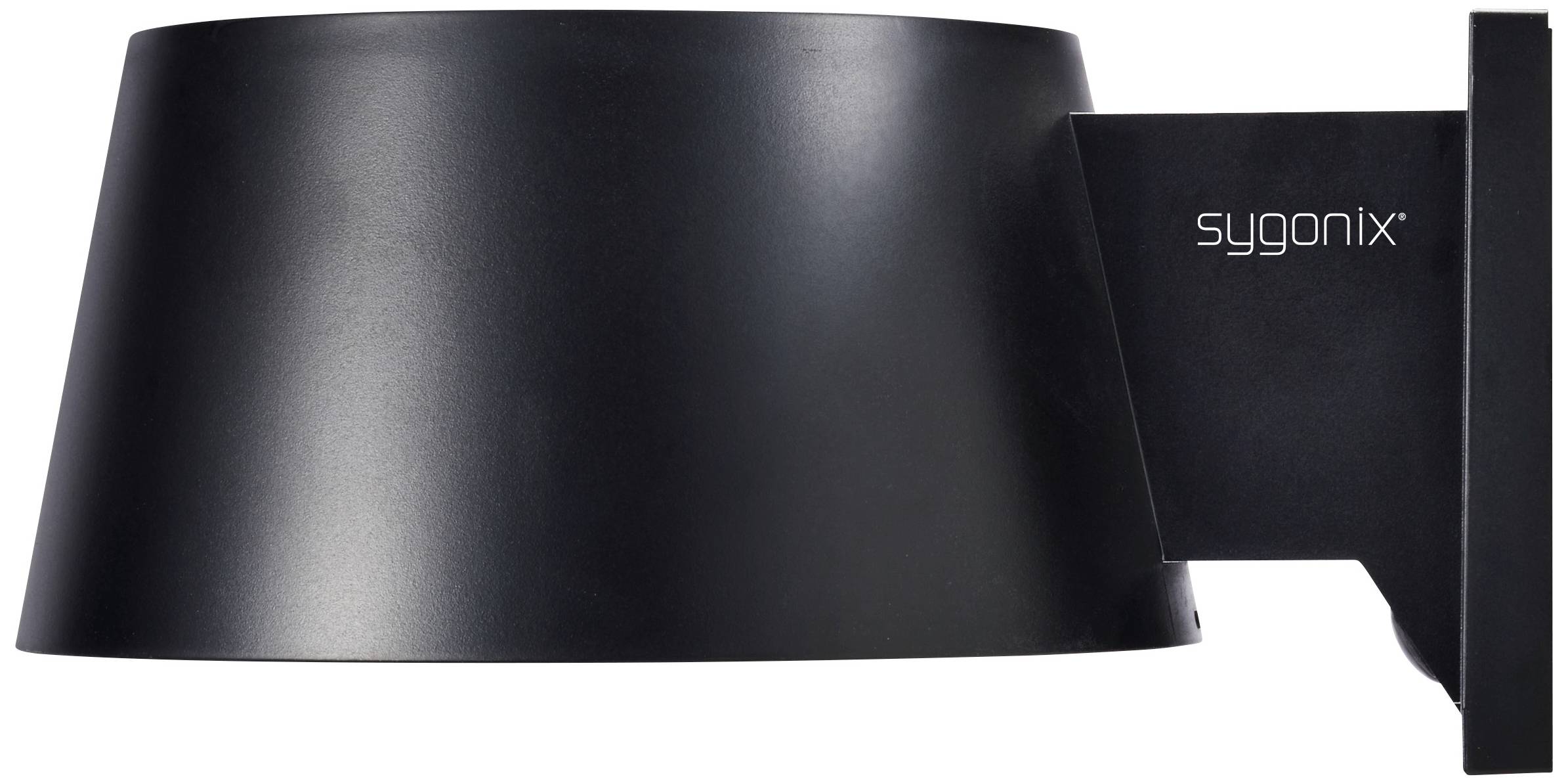 Black wall light by Sygonix viewed from the side, modern design with wide lampshade.