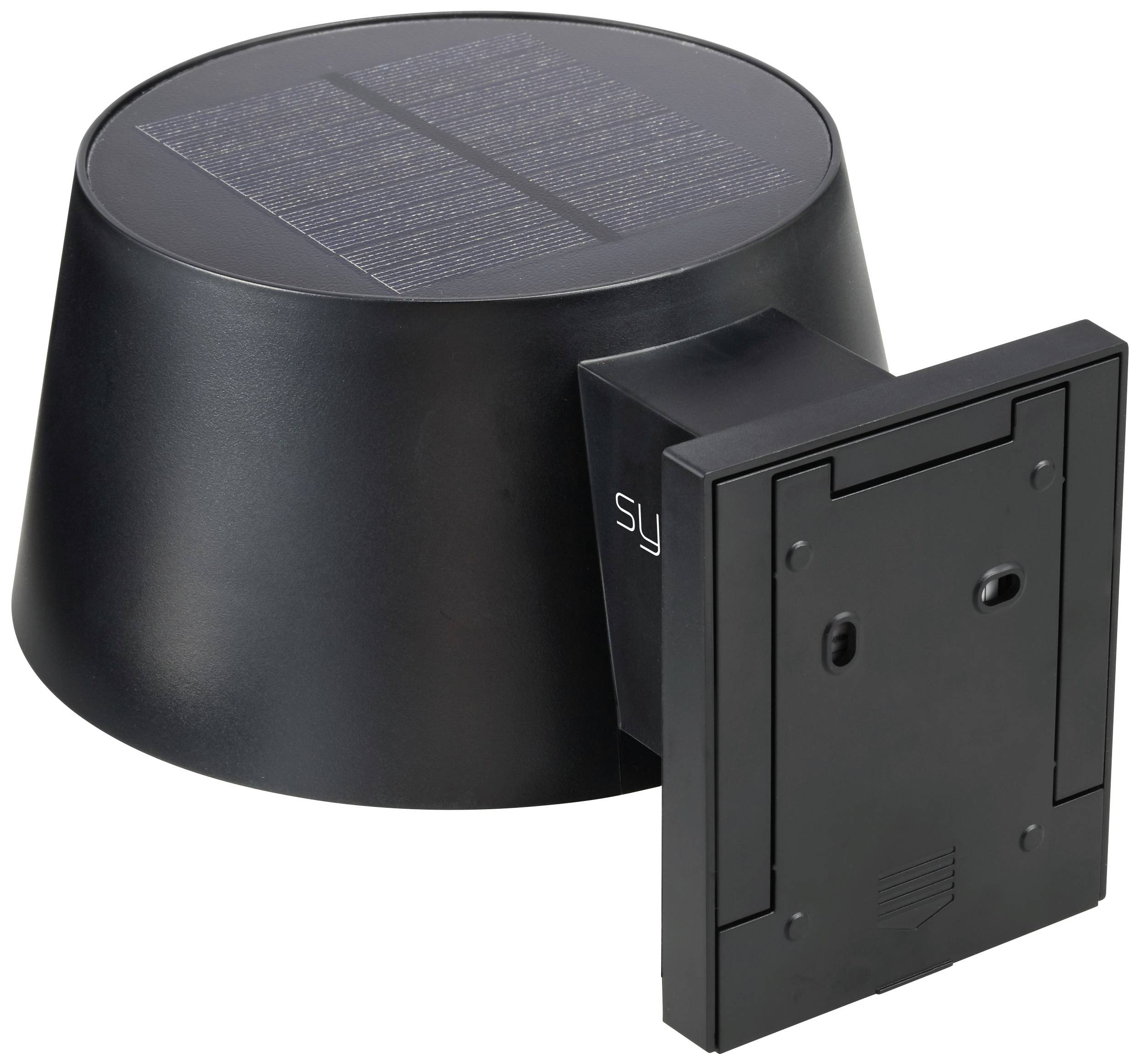 A black, round solar-powered extractor fan with a rectangular mounting bracket, which utilises solar energy for ventilation.