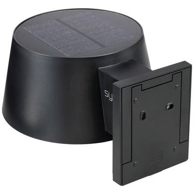 A black, round solar-powered extractor fan with a rectangular mounting bracket, which utilises solar energy for ventilation.