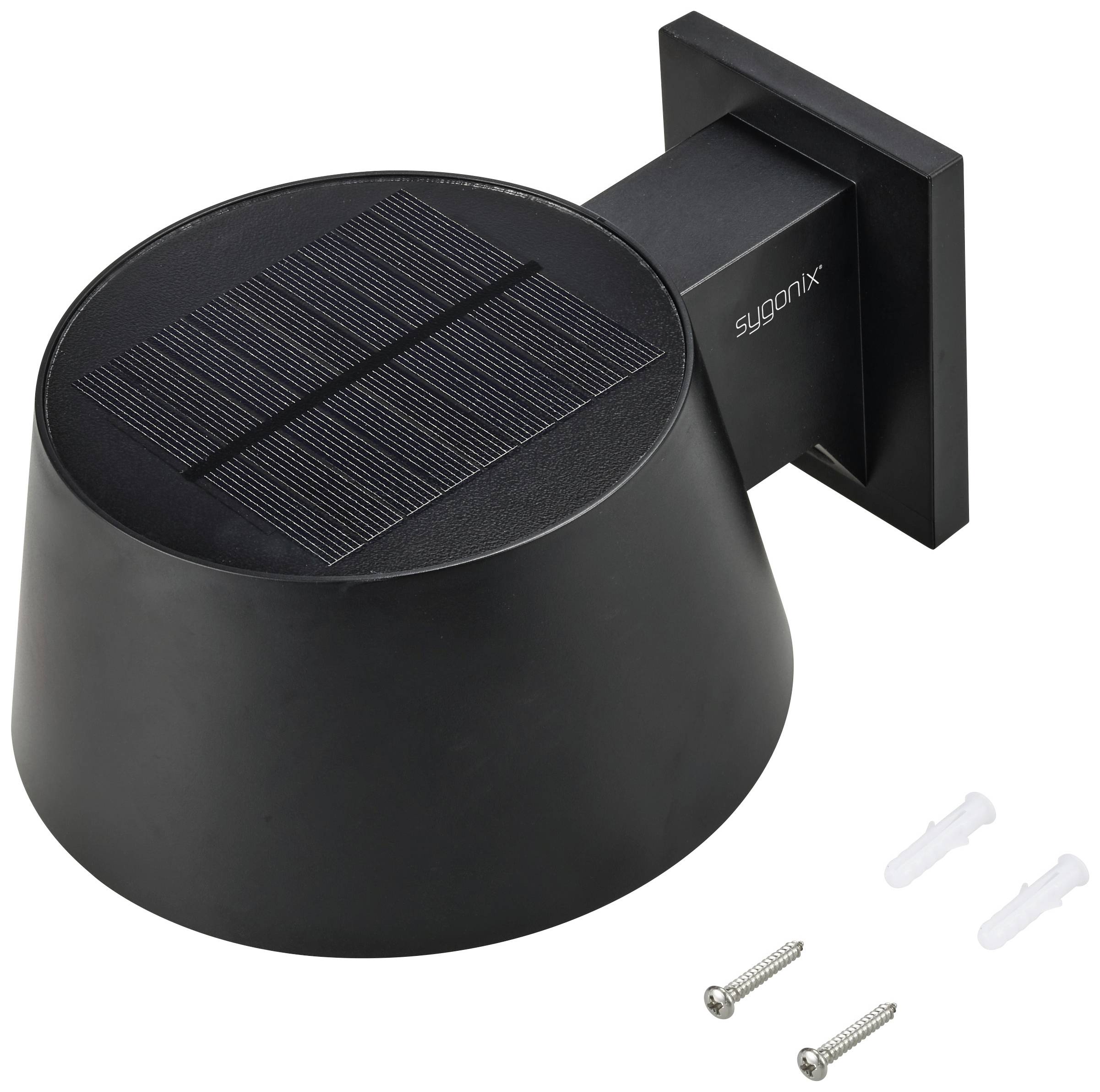 Black solar wall light with small solar panel and mounting accessories.