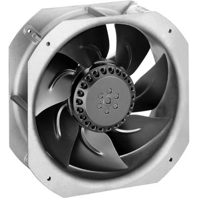 Industrial fan in a silver casing, with multiple black blades. Suitable for ventilation applications.