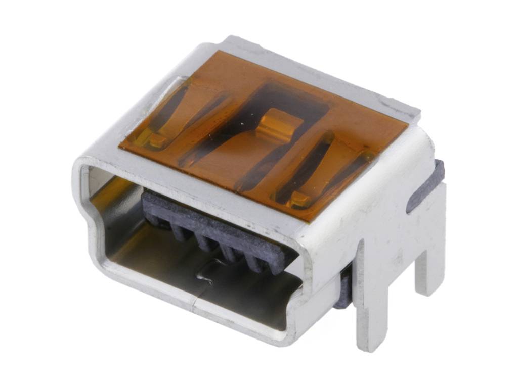 USB socket with rectangular housing and orange inner section, suitable for mounting on circuit boards.