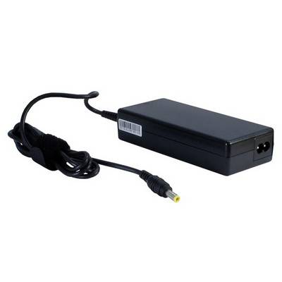 A black charger with cable and plug. The plug has a yellow tip. Suitable for laptop power supply.
