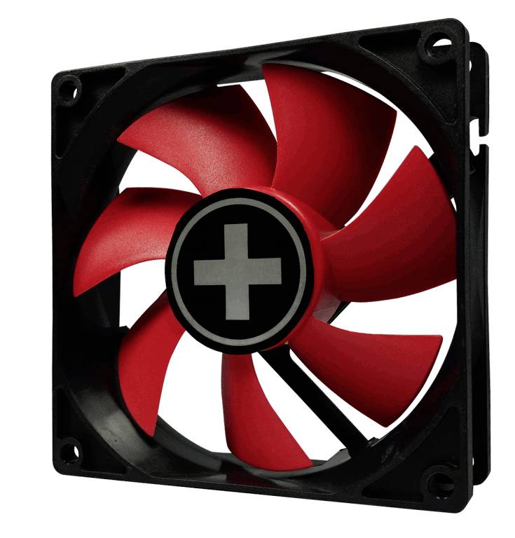 Black and red computer fan with a cross symbol in the centre, suitable for cooling purposes in computers or other electronic devices.
