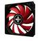 A black and red computer fan with a white cross in the centre, possibly a trademark. The fan has nine blades.