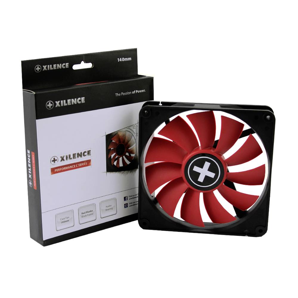A black and red Xilence computer fan, placed next to its matching packaging. The packaging displays an illustration of the fan and product information.