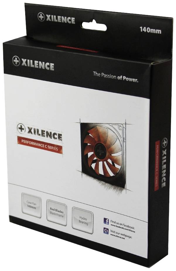Packaging for a Xilence 140mm fan, 'Performance C Series'. Image of the fan with red blades and notes highlighting key features.