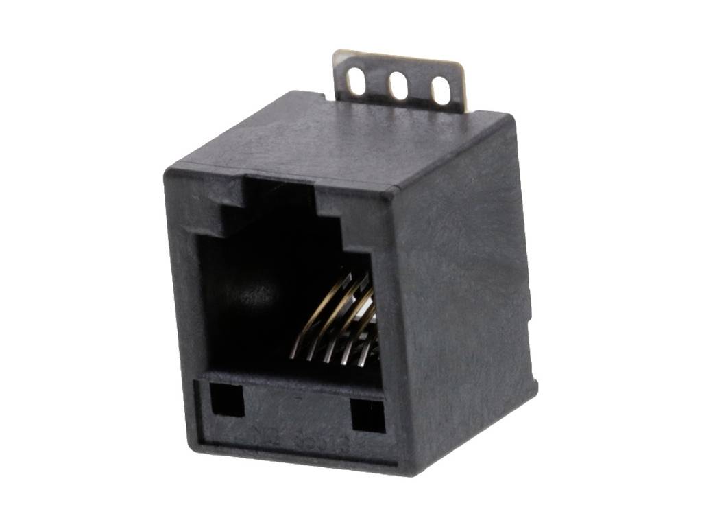 A black RJ45 connector, commonly used for Ethernet network connections, against a white background.
