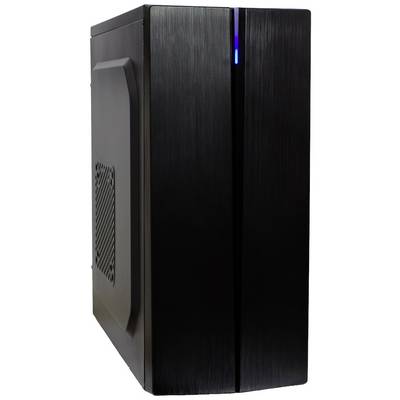 Black computer case, slightly angled, showing the front panel and side ventilation grille.