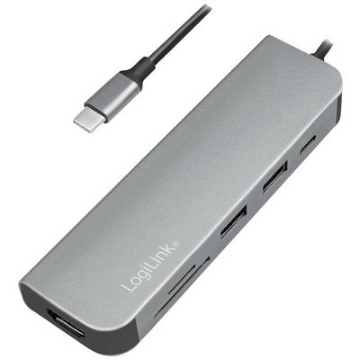 A silver USB-C hub with multiple ports, including USB-A and HDMI, by LogiLink. Perfect for expanded device connectivity.