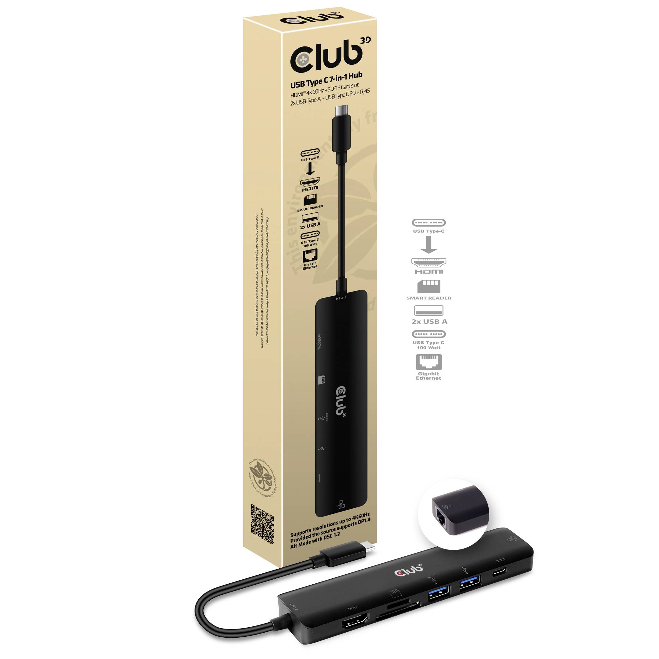 'Club 3D USB Type-C Hub' with two USB 3.0 ports, HDMI and DisplayPort. Packaging shows product image and specifications.