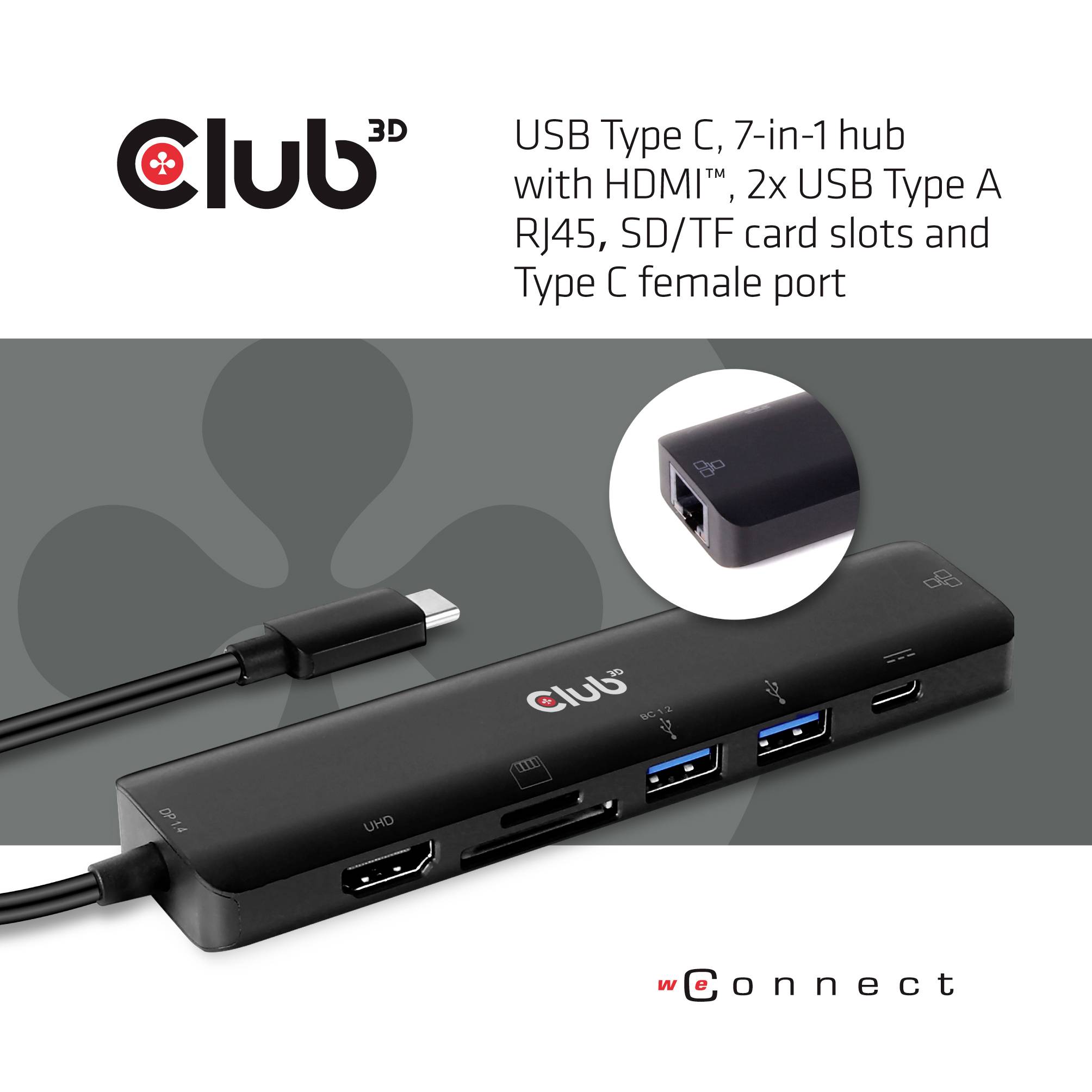 USB Type-C, 7-in-1 Hub with HDMI, two USB Type-A ports, RJ45, SD/TF card slots and Type-C port.