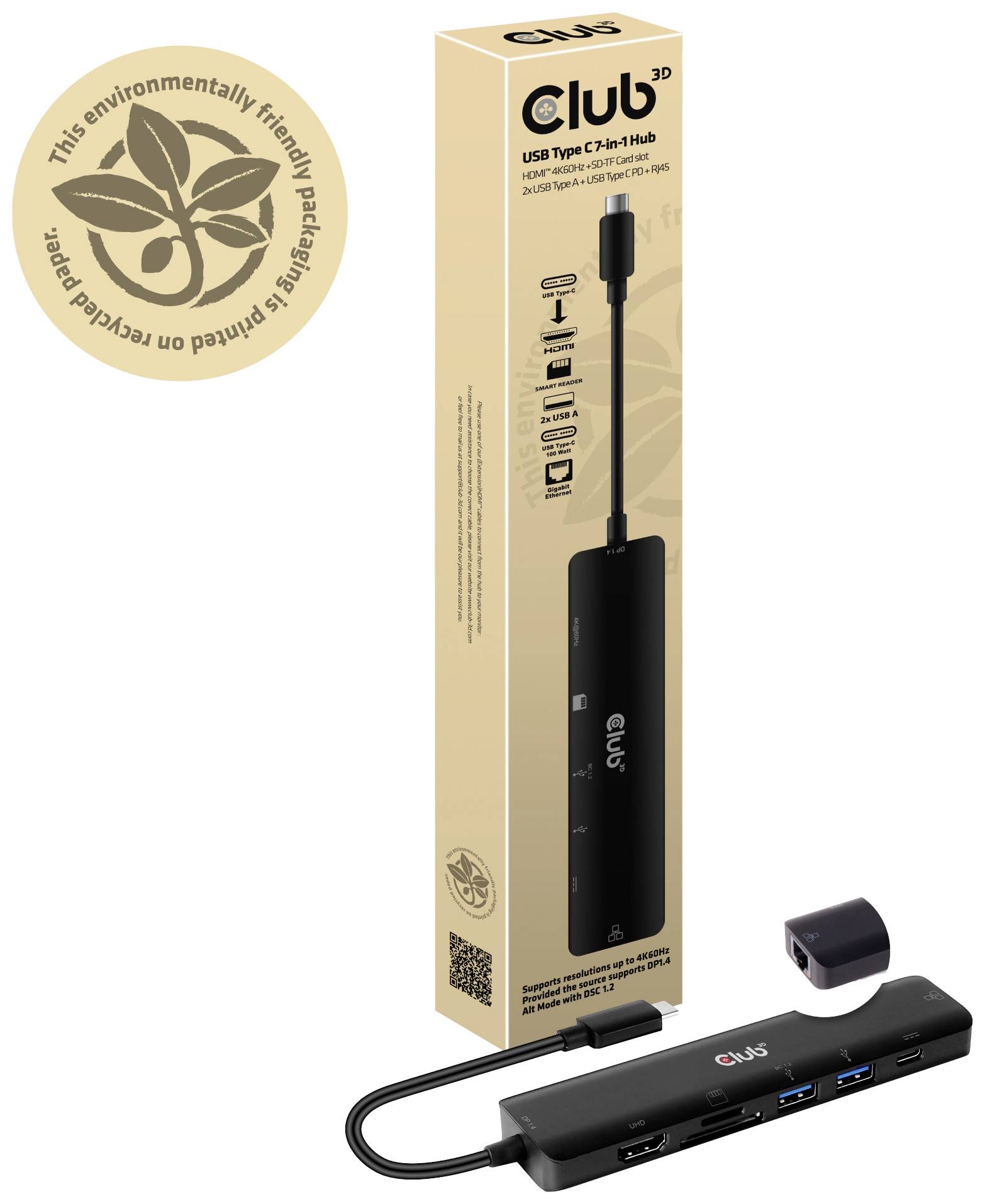 'Club 3D USB Type-C Hub' in an environmentally friendly package. Contains multiple ports for various devices. Packaging made from recycled paper.