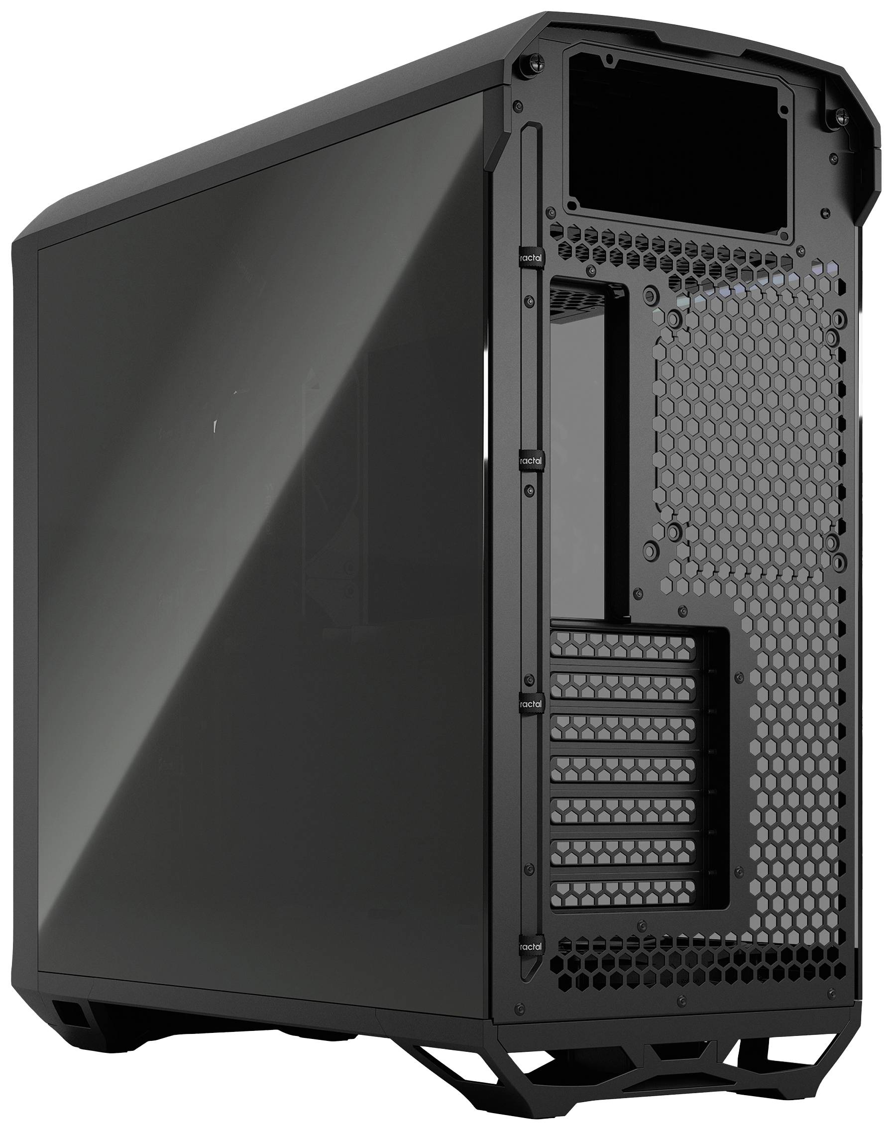 Black computer case with side glass window and open back panel, showing expansion slots and fan openings. Suitable for PC building.