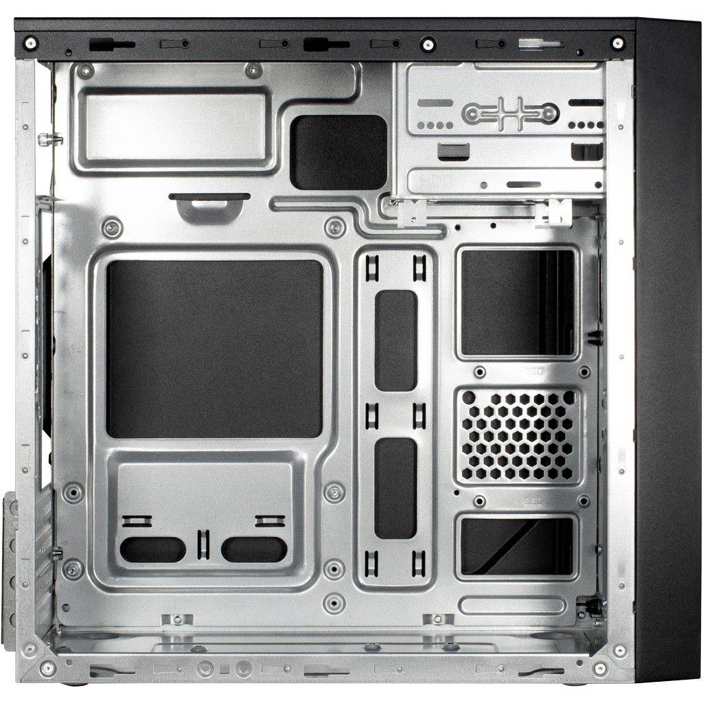 Interior view of a metallic computer case with empty expansion slots for components, ventilation openings, and cable management.