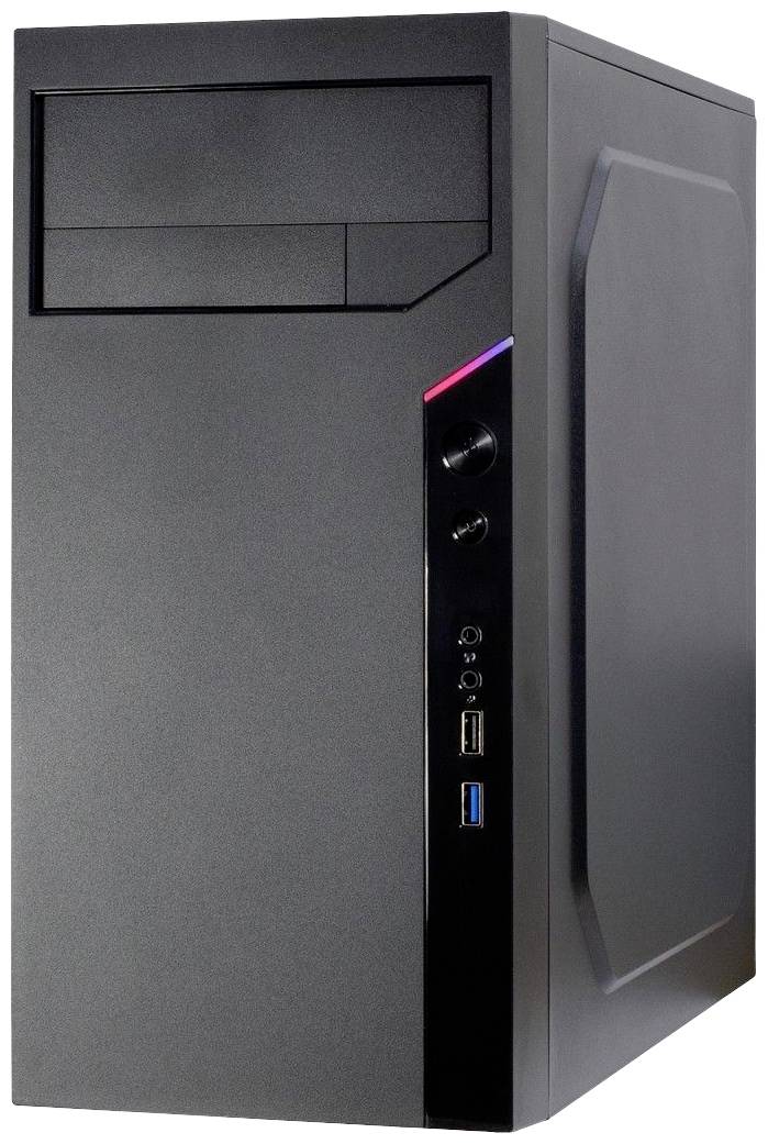 Black computer tower case with multiple USB ports and audio sockets on the front panel.