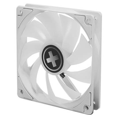A white computer fan with nine blades and a black circle with a cross in the centre, manufactured from plastic.