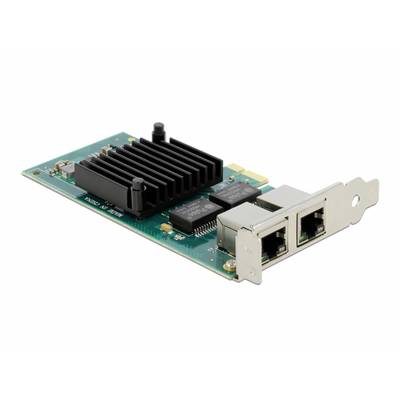 A network card with two Ethernet ports, mounted on a green circuit board, with a black heatsink.