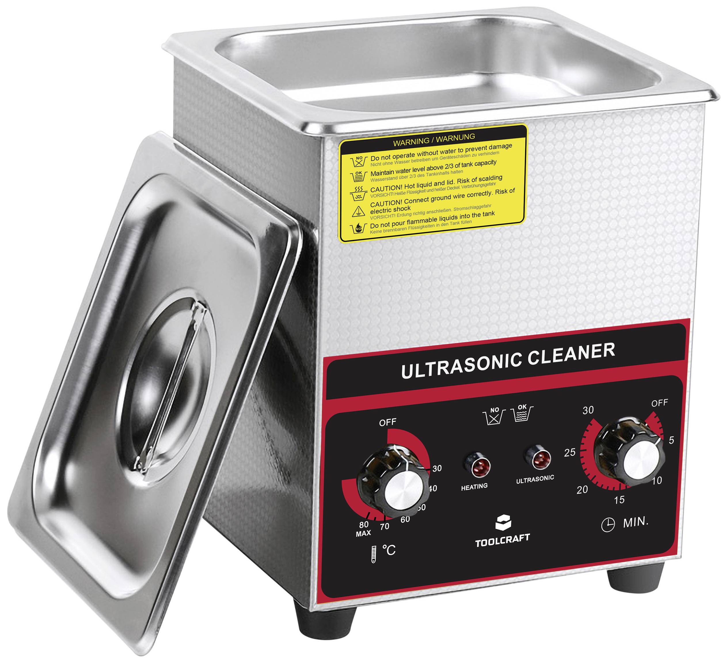 An ultrasonic cleaner with a stainless steel casing and an open lid. Two rotary knobs for temperature control and timer.