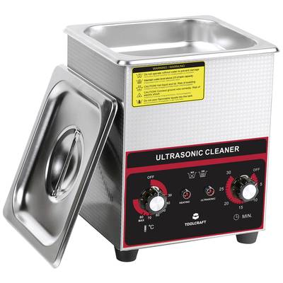 An ultrasonic cleaner with a stainless steel casing and an open lid. Two rotary knobs for temperature control and timer.