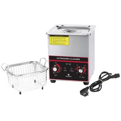 Ultrasonic cleaner with control panel and metal basket, suitable for cleaning small objects. A power cable is positioned next to the device.