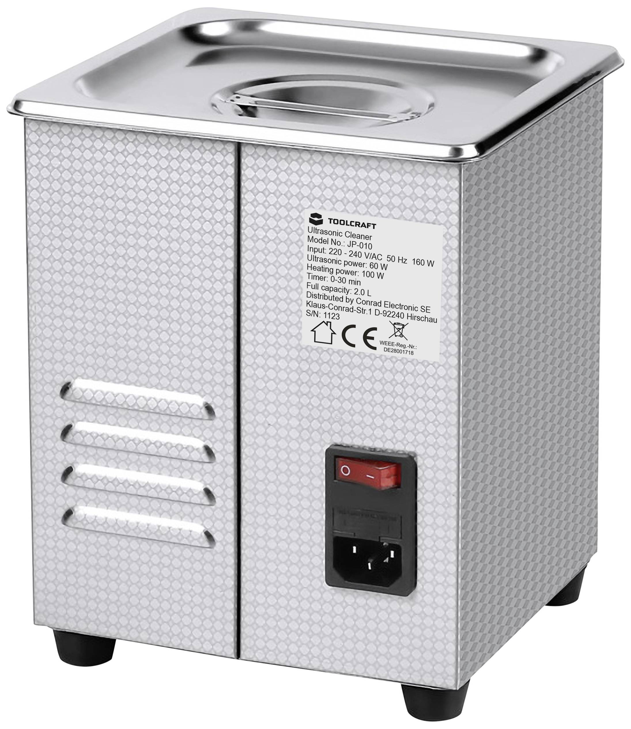 Small, rectangular stainless steel ultrasonic cleaner with power control, switch, and control elements on the front panel.