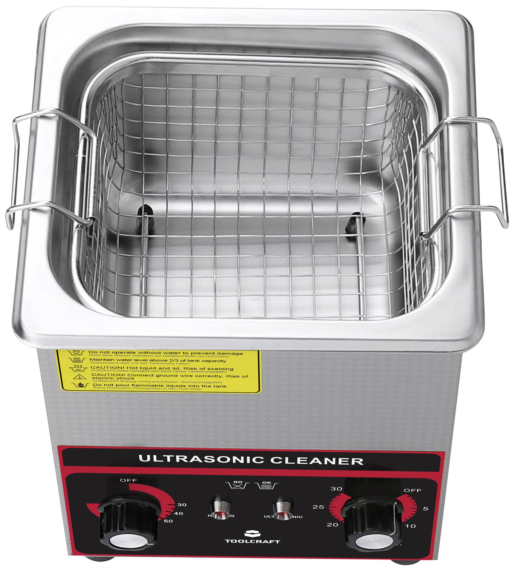 Ultrasonic cleaner with metal basket and control elements in a silver enclosure.