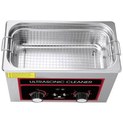 Stainless steel ultrasonic cleaner with wire basket, suitable for cleaning jewellery and small metal parts.