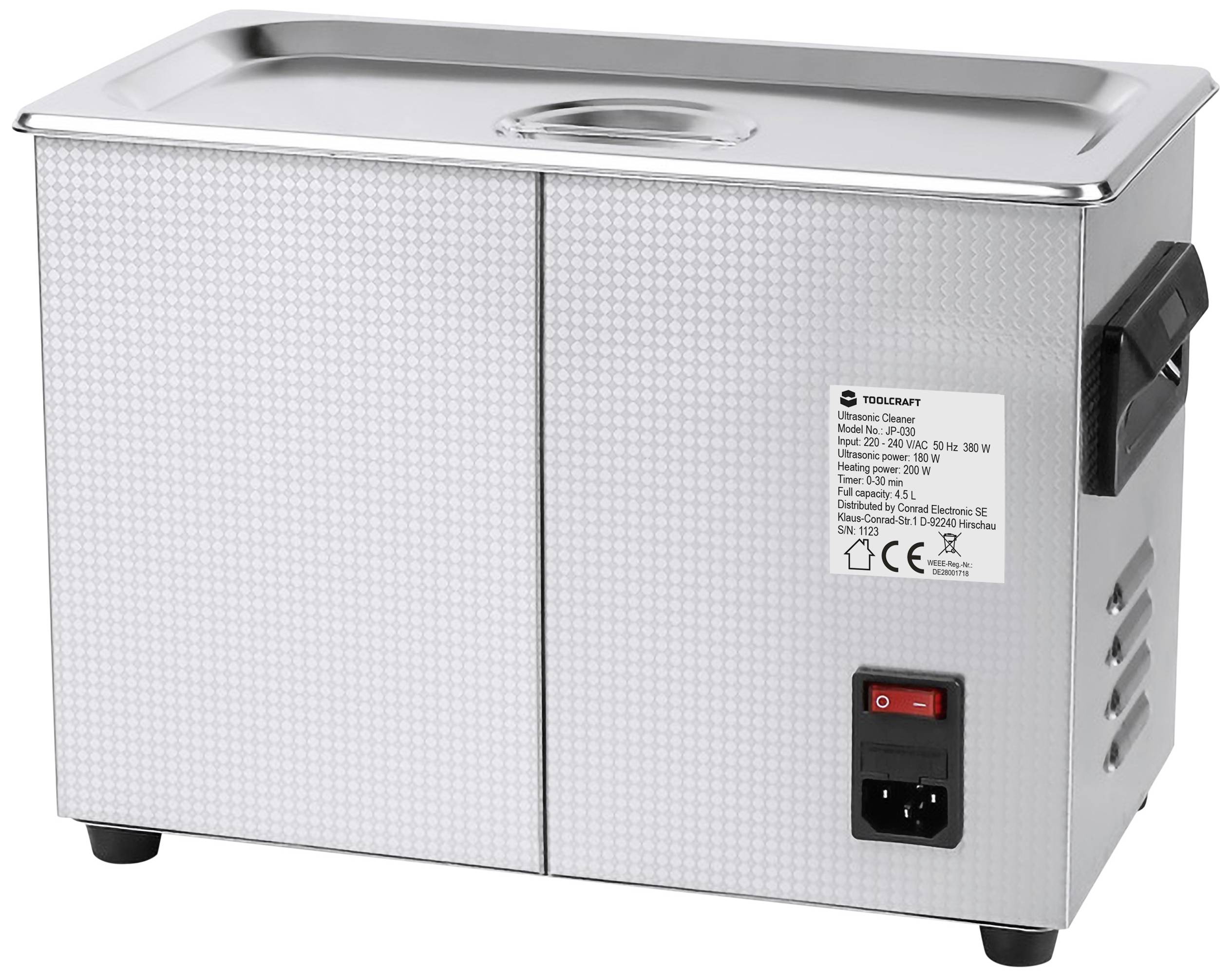 A stainless steel ultrasonic cleaner with lid, power switch, and side carrying handle, suitable for cleaning objects.