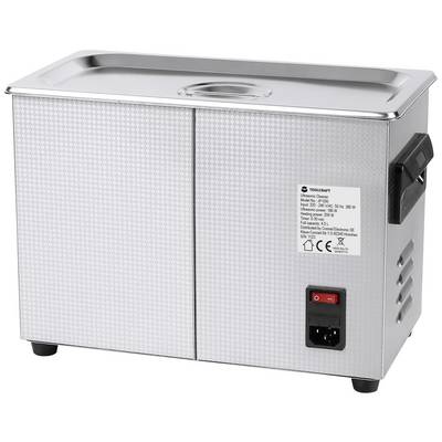 A stainless steel ultrasonic cleaner with lid, power switch, and side carrying handle, suitable for cleaning objects.