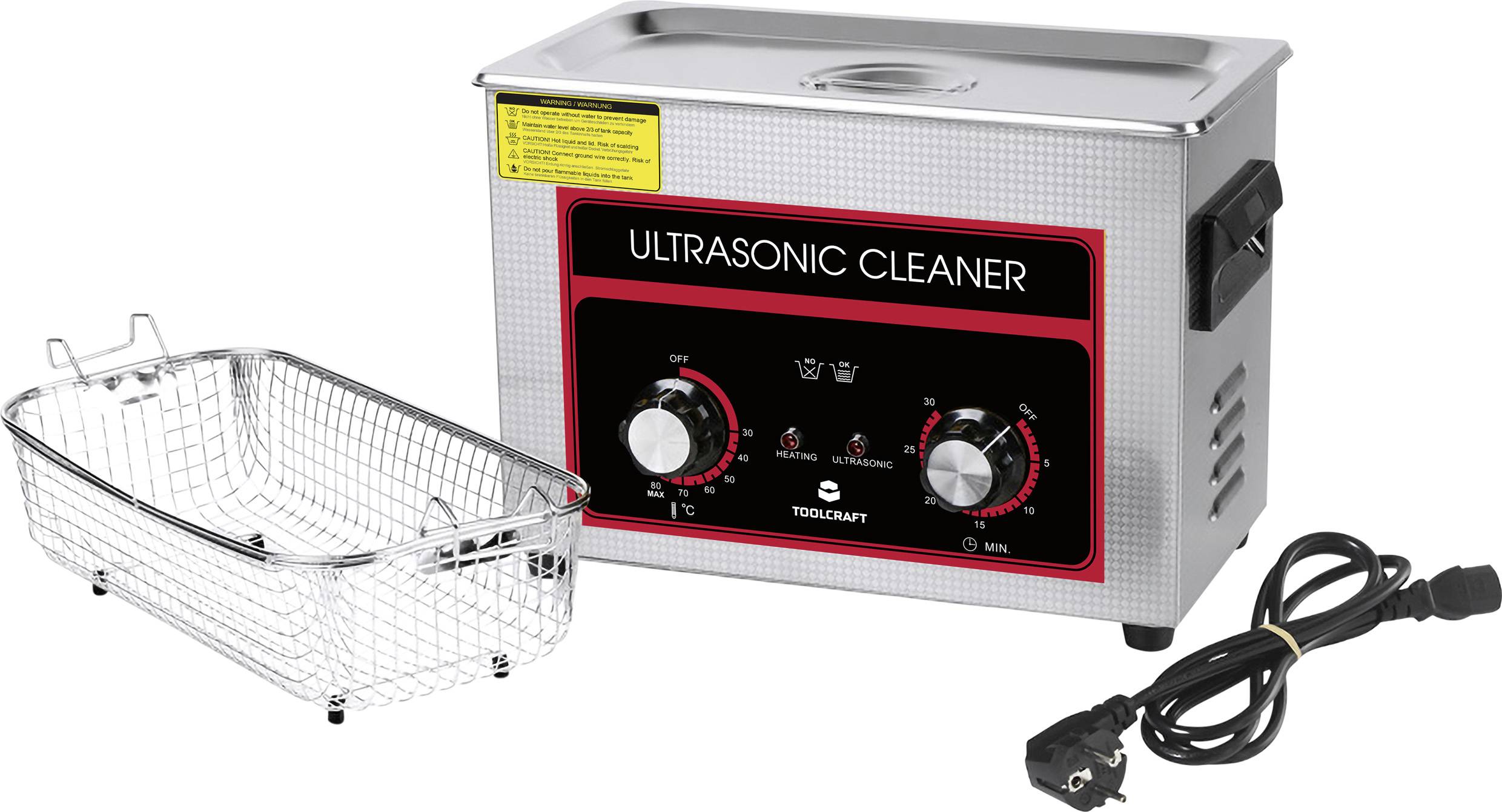 An ultrasonic cleaner with a metal basket beside it and a power cable, the device has rotary knobs for timer and heating control.