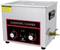 Ultrasonic cleaner with time and temperature controls. Rectangular metal housing with black control panel and tap.