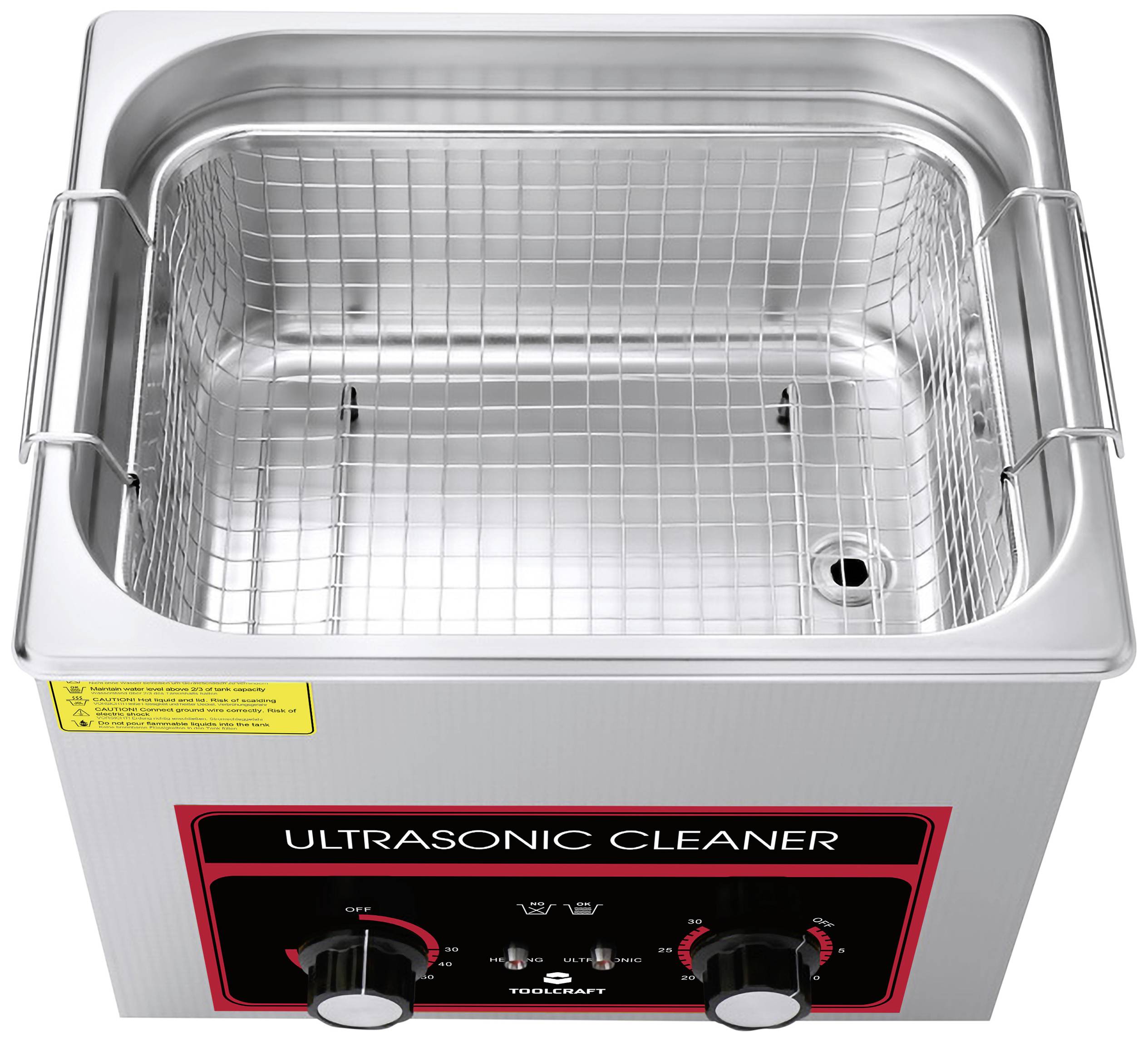 Ultrasonic cleaner with stainless steel basket and control settings, suitable for cleaning jewellery and small metal parts.