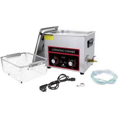 Ultrasonic cleaner with metal basket, power cord, and hoses set on a white background. The control panel has temperature and timer dials.
