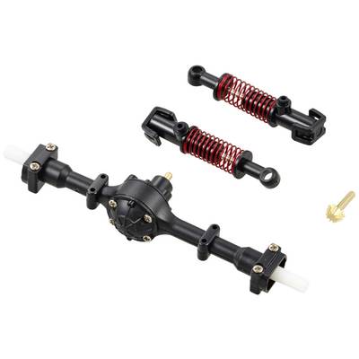 A model car chassis with suspension components and pins; includes an axle and two shock absorbers.