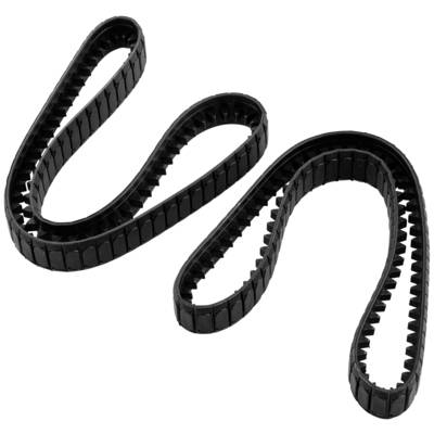 Two black rubber tooth belts in a curved form on a white background. They display the teeth, which can be used for drive systems.