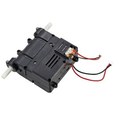 A black electric geared motor with cables and connectors. It has two axes and is intended for mechanical applications.