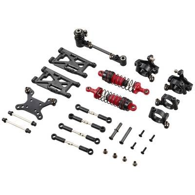 A set of black and red automotive suspension parts, including shock absorbers, control arms, and connecting components.