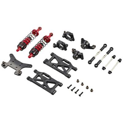 Components of a model car suspension system, including shock absorbers, wishbones, and bolts, on a white background.