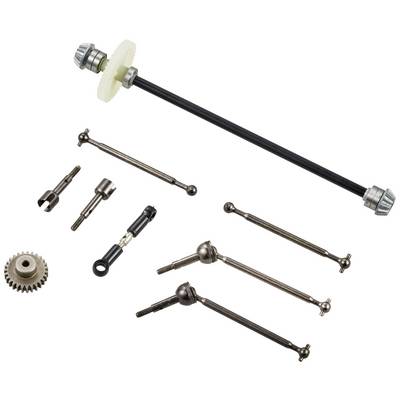 Various metal and plastic parts for a model car, including gears and drive shafts.