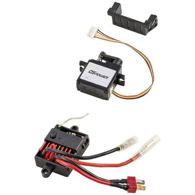 'The image shows two electronic components: a servo motor and an electronic speed controller with cable connections.'