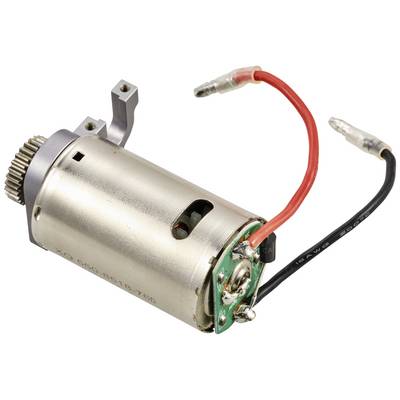 An electric motor with a metal casing, red and black cables, suitable for model-making or mechanical applications.
