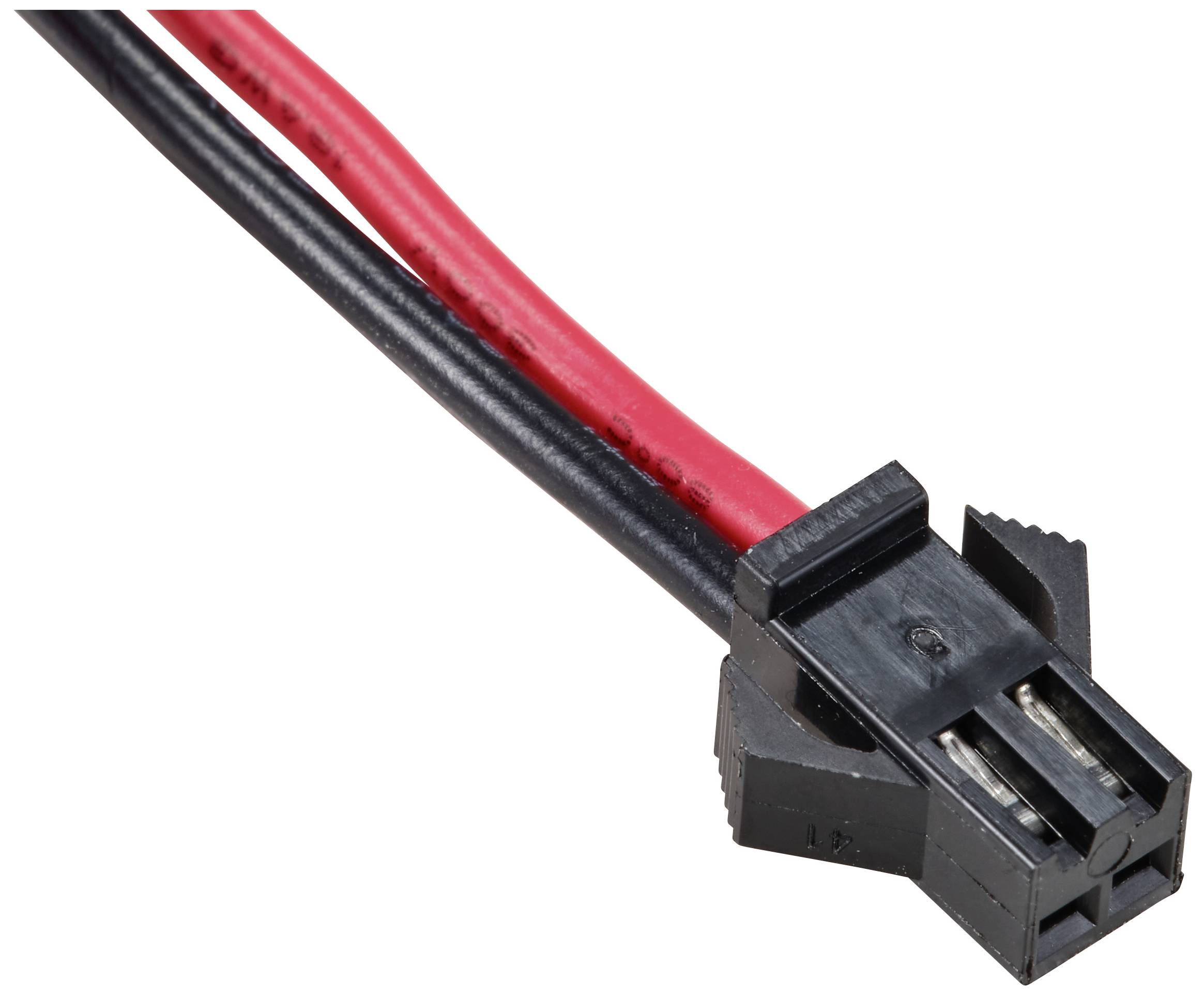 Two-pole connector with a red and a black cable in close-up, possibly for electrical connections.
