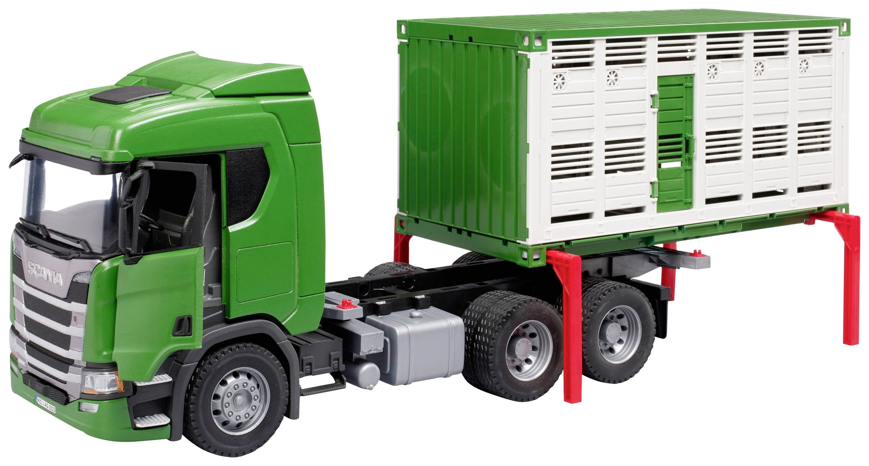 Green lorry with white container on its loading area, shown against a white background.
