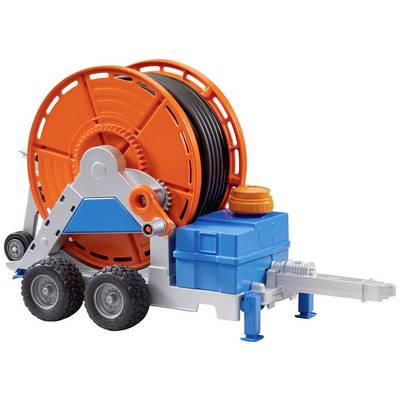 Toy model of a large cable drum trailer with an orange drum, blue frame, and black tyres.