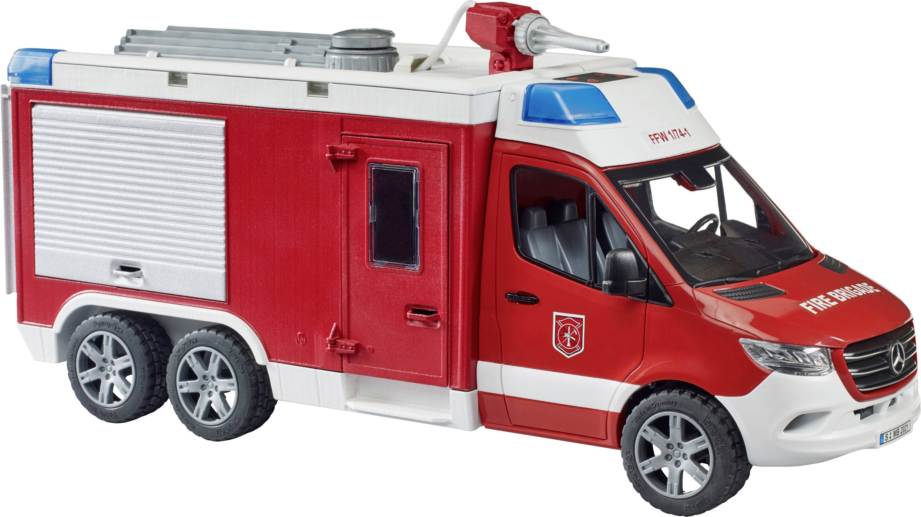 Toy fire engine with red and white design and blue siren lights, placed on a flat surface.